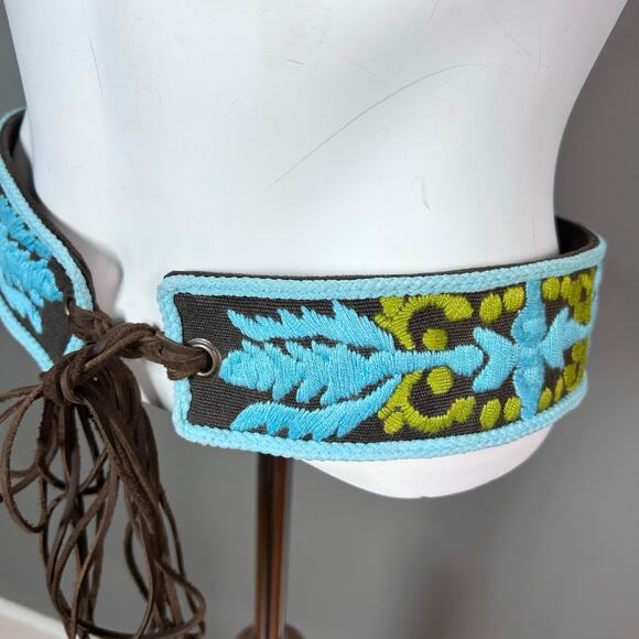 Tory Burch woven belt all over embroidery fringe tie boho hippie vintage 70s